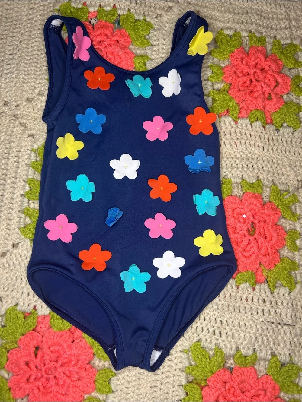 Mini Boden Navy Swimsuit with Colorful Flower Accents